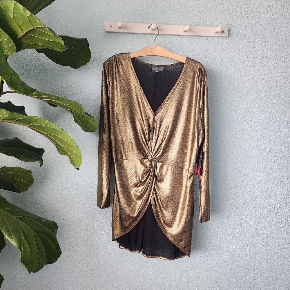 BOLD Elements metallic gold front knot high low blouse
